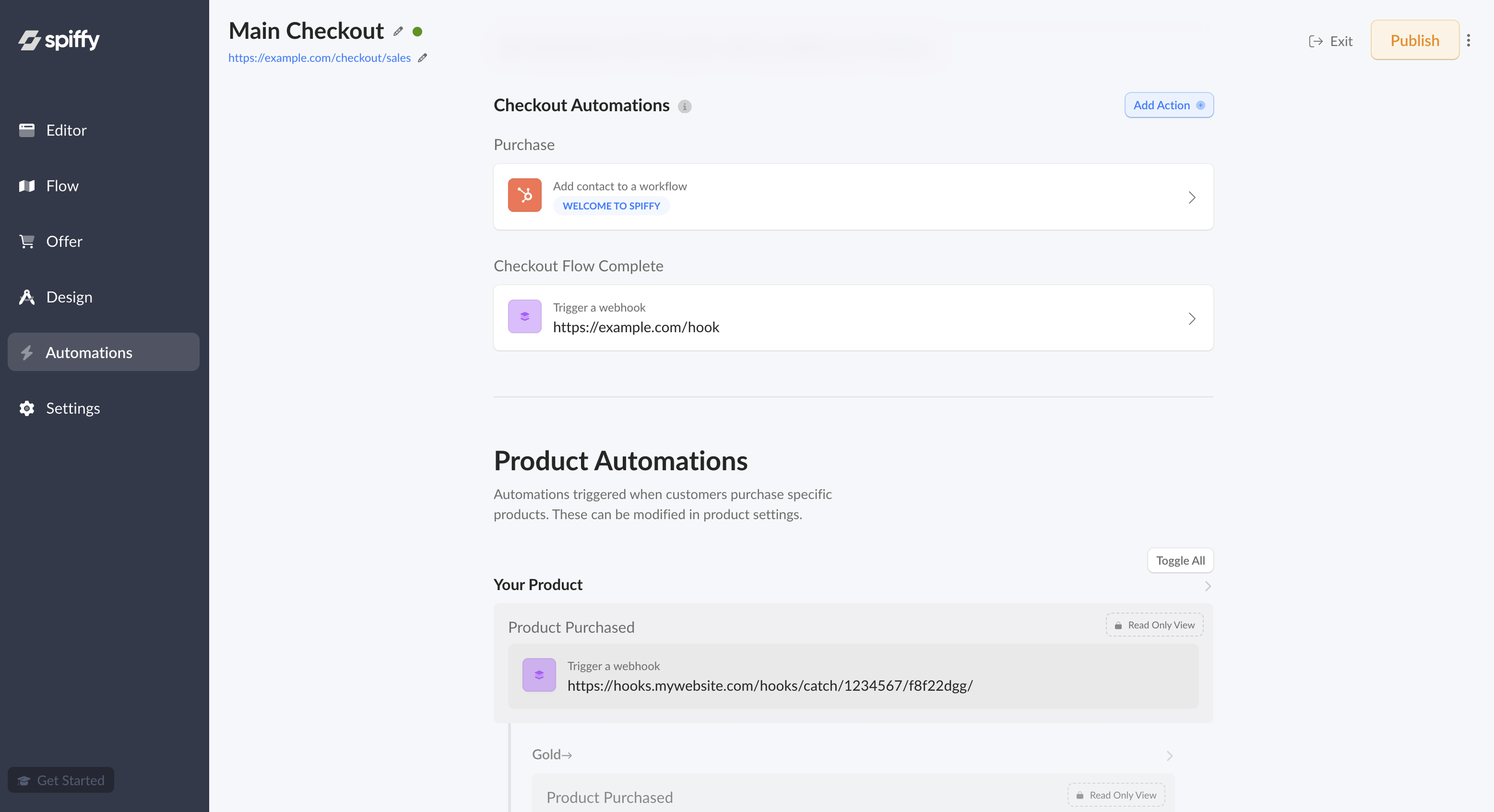 Spiffy checkout automations screen showing purchase and checkout flow complete automation actions