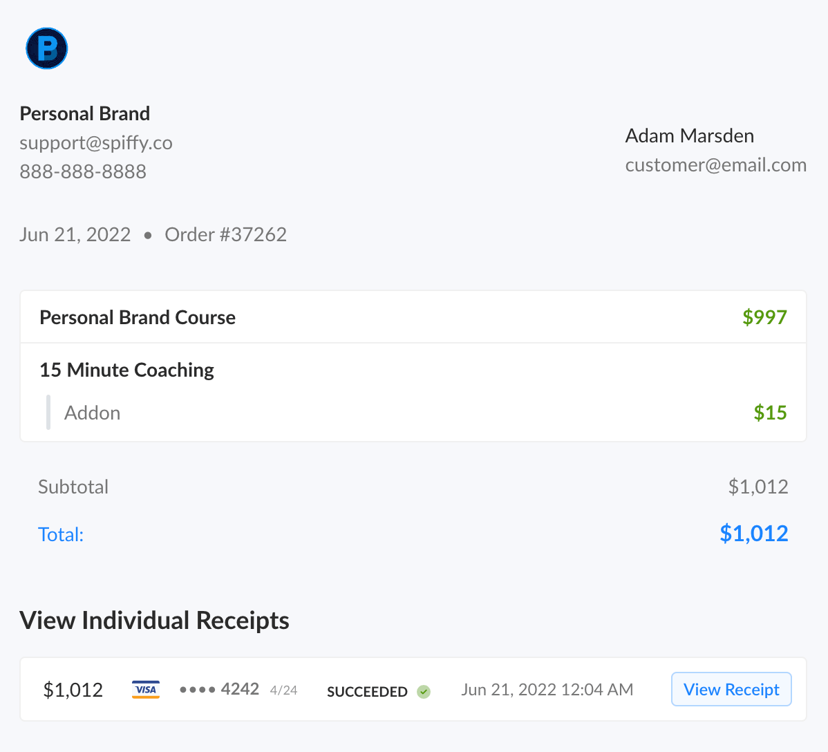 Customer portal receipt history