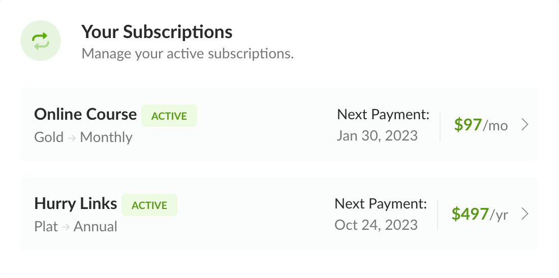 Customer portal showing subscription billing details and next payment date