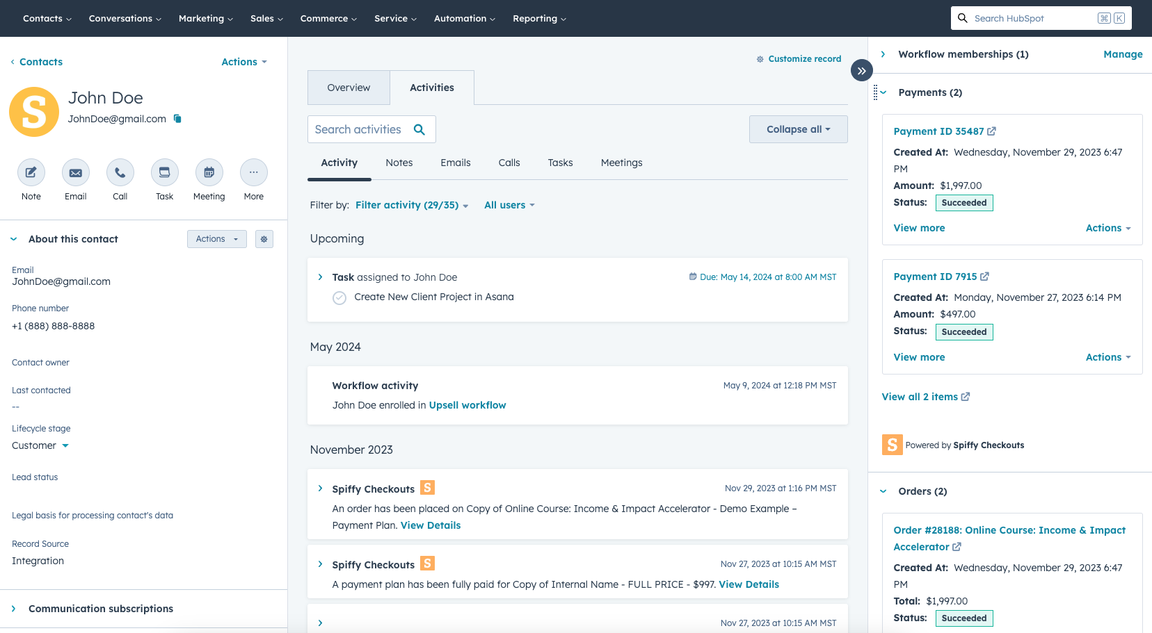 HubSpot contact screen connected to Spiffy checkout data